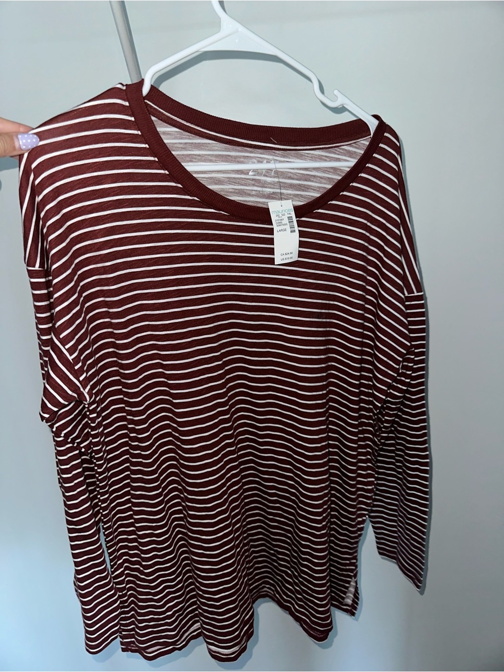 NWT - Maurices Burgundy and White Striped Long-Sleeve 24/7 Tee